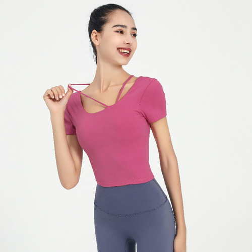 Cross-border yoga wear short-sleeved women's slim-strap back top fitness sports bra fitness wear vest with chest pad