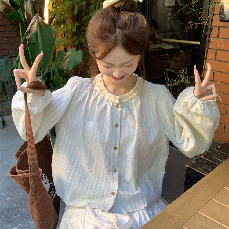 春秋法式甜美蕾丝花边条纹圆领长袖衬衫女学院风宽松别致衬衣上衣|undefined