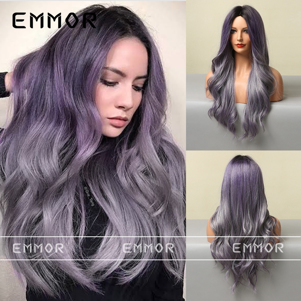 Mediados de longitud de pelo largo rizado gran ola moda púrpura de alta temperatura de seda multi-color de Europa y América Cosplay peluca mujer peluca Peluca de cabeza completa
