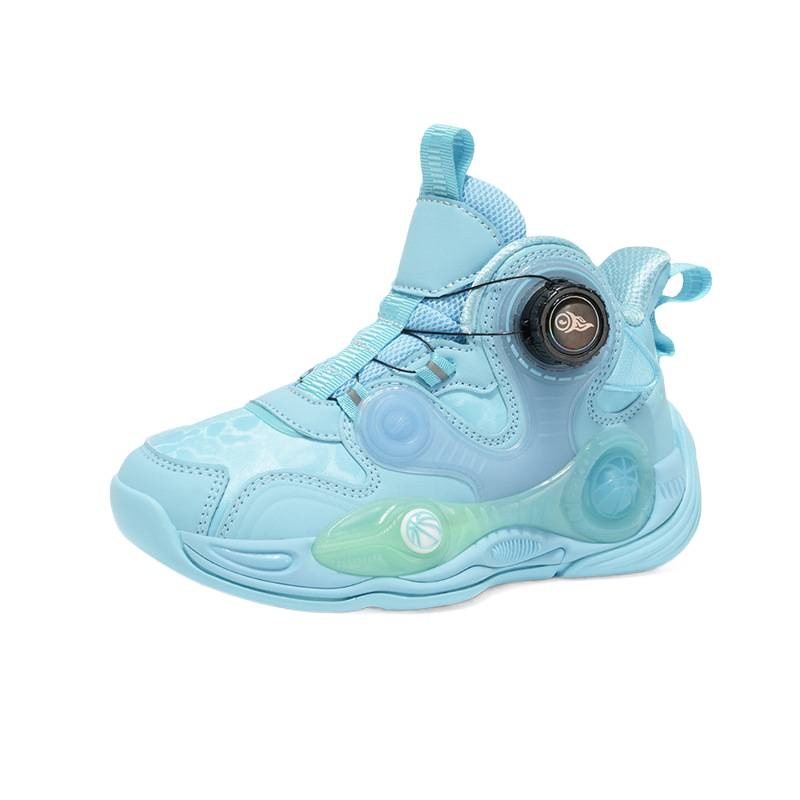 Fabricantes de zapatos de baloncesto de cuero de fondo grueso para niños con botón giratorio al aire libre anti-deslizante zapatillas deportivas frescas nuevas