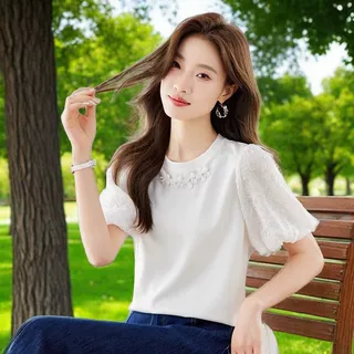 大码白色短袖T恤女202春夏时尚新款独特别致泡泡女装圆领上衣ins