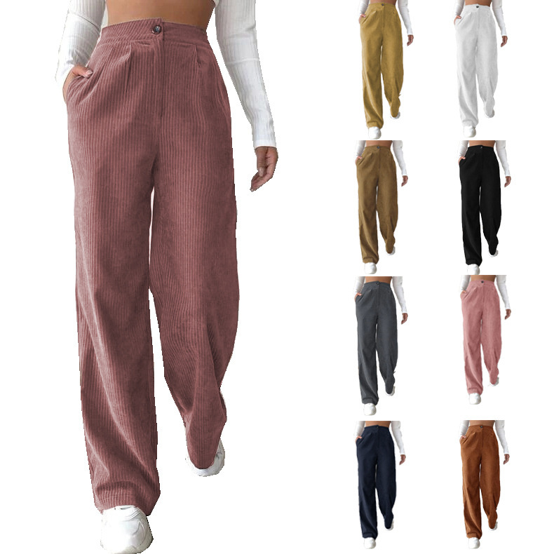 2025 Amazon Autumn New Women's High Waist Casual Pants European and American Solid Color Corduroy Loose Straight-Leg Pants Women