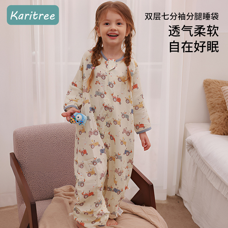Baby Sleeping Bag Spring and Summer Double-Layer Bamboo Cotton Gauze Sleeping Bag Infant Sleeping Bag Children's Three-Quarter Sleeve Gauze Sleeping Bag with Legs