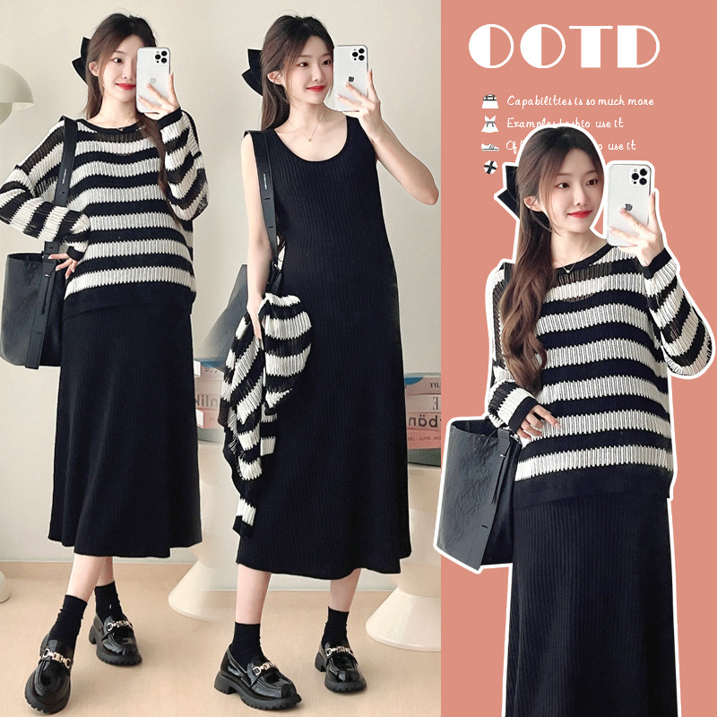 宽松孕妇套装针织条纹上衣+吊带裙气质2025春秋哺乳裙两件套