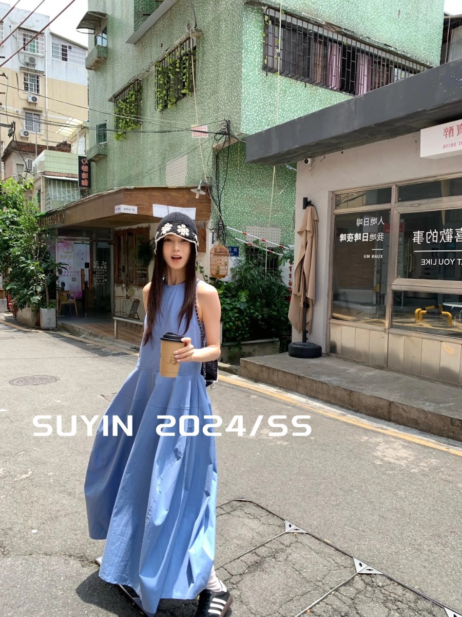 프랑스 스타일 홀리데이 스타일 우아한 블루 조끼 원피스 여성 여름 새로운 디자인 센스 타이트 허리 슬림 A-라인 긴 원피스