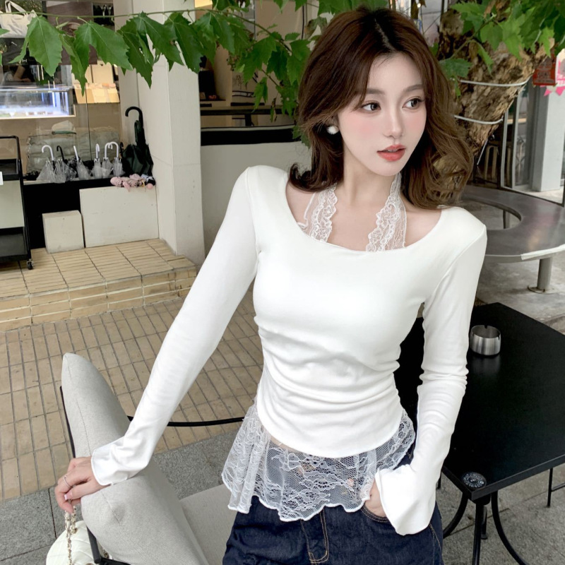 Autumn New Style Faux Two-Piece Pure Desire Style Lace Halter Tie Patchwork Long-Sleeve T-Shirt with Slim Fit and Removable Chest Pads for Women