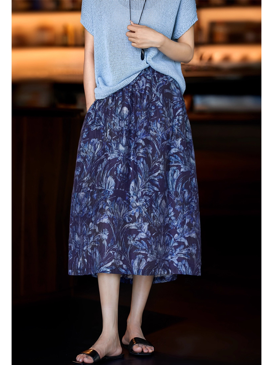 Váy maxi nữ vải lanh Tencel in họa tiết mùa hè — màu xanh hải quân chi tiết 3