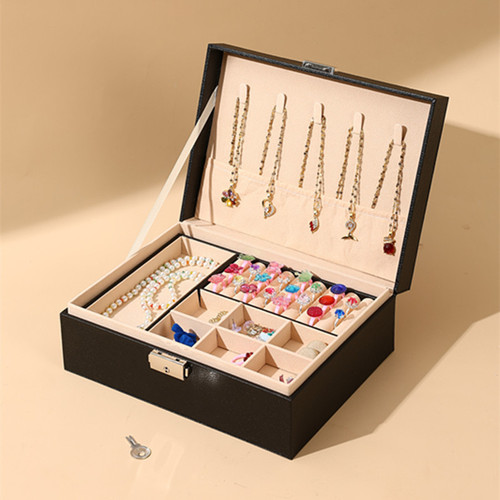 Double-layer PU leather jewelry box, large capacity jewelry box, earring and necklace storage box, bracelet box with lock