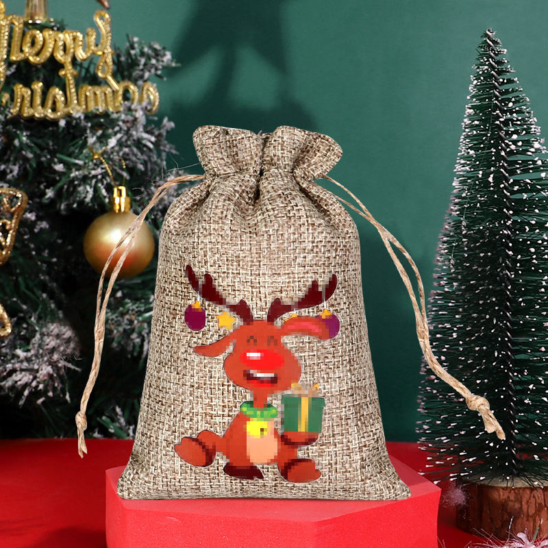 Transfronteriza nueva bolsa de lino de Navidad al por mayor bolsa de embalaje de caramelo con cordón decoraciones de Navidad bolsa de almacenamiento con cordón