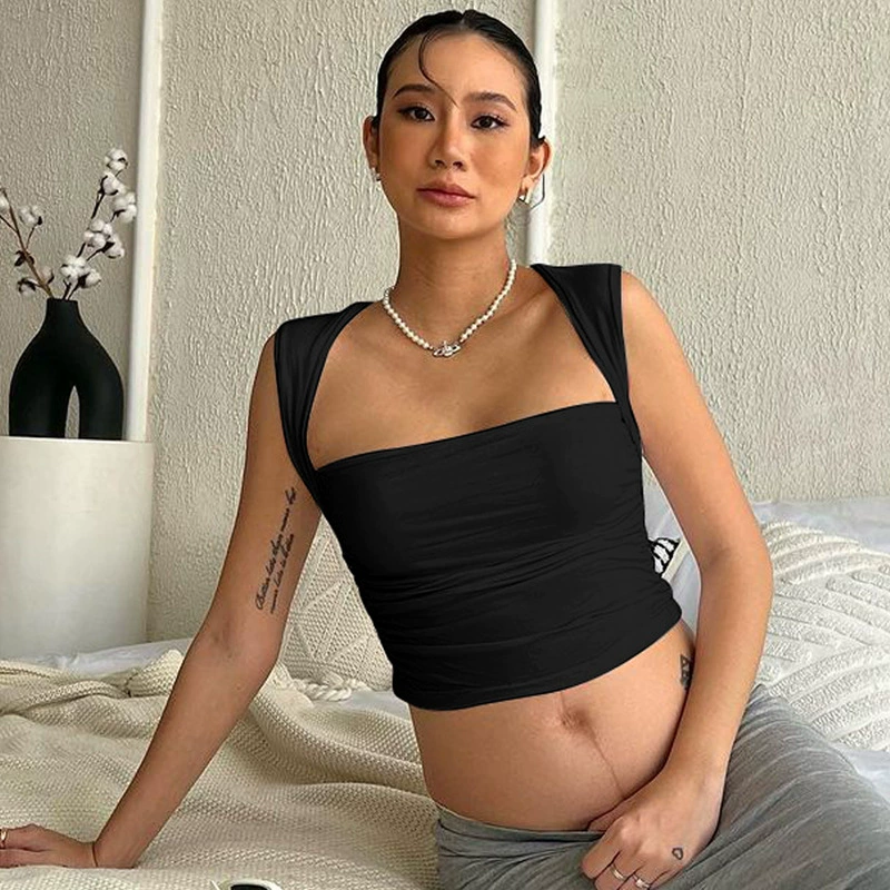 Amazon трансграничная женская одежда 2024 летняя новая мода пупок плиссированный тонкий однотонный жилет Внешняя торговля оптом