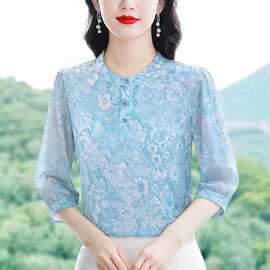 气质圆领七分袖衬衣夏季新款洋气R宽松中年女装时尚减龄百搭上衣