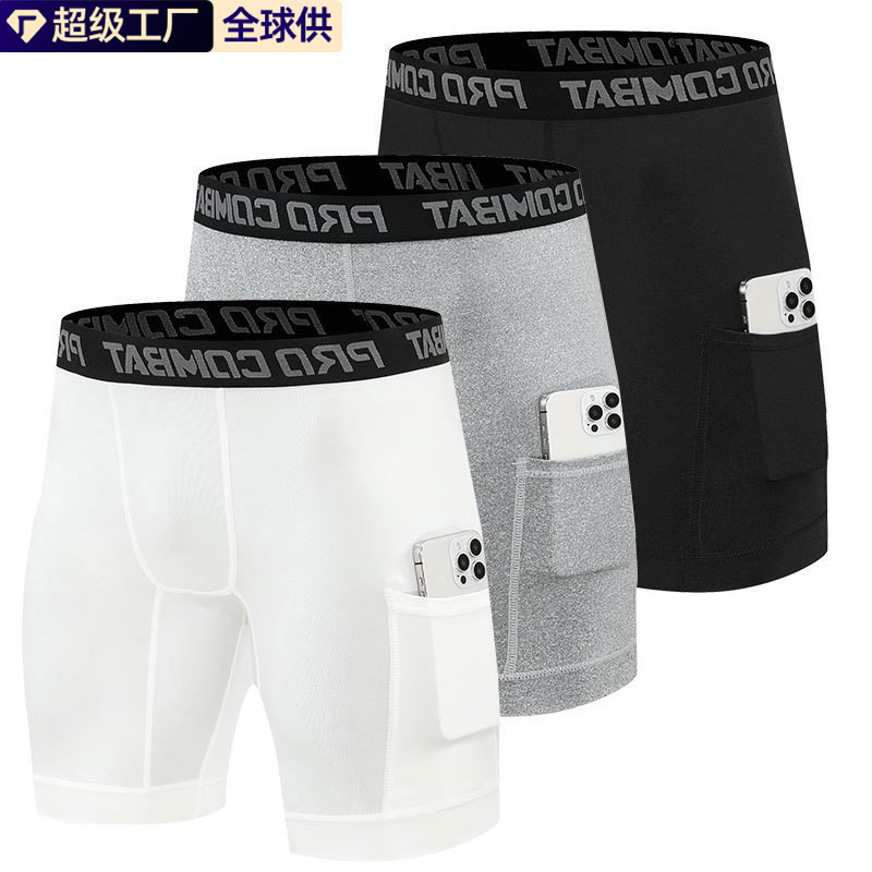 European and American Cross-Border Fitness Shorts Men's Tight-Fitting Pocket Sports Running Track and Field Training Pants Quick-Drying Compression Pants