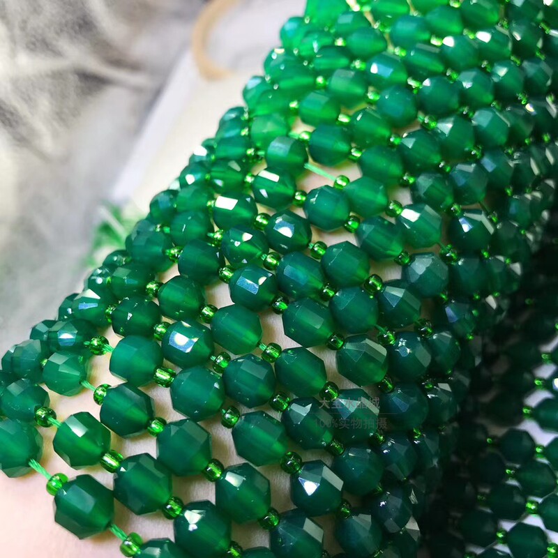 8MM 10MM Natural Brazilian Green Agate Satellite Diamond Faced Cut Corner Lantern Beads Faceted Loose Beads Semi-finished Products