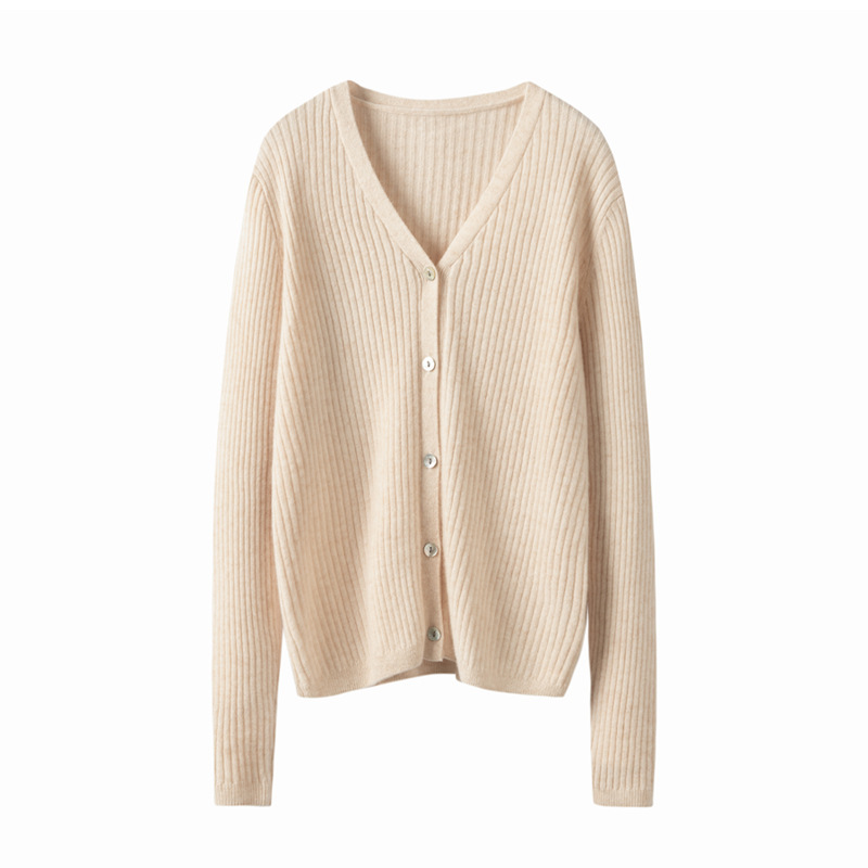 Cross-border Wholesale V-neck Cashmere Cardigan Women's 100 Cashmere Sweater Short Outer Striped Slim-fit Knitted Jacket