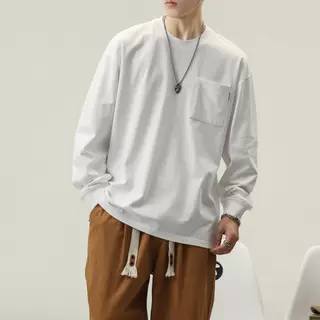 2026新款春秋圆领t恤男士长袖上衣服潮牌宽松潮流休闲体恤打底衫