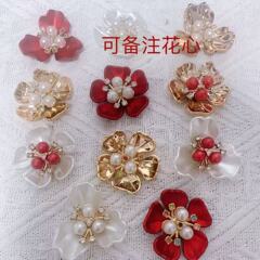 仿贝壳珍珠发饰三颗珍珠花心配件果冻色树脂花盘珍珠花心饰品配件