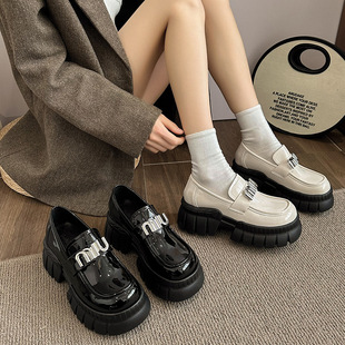 Versatile Height-Increasing Retro Thick-Soled Small Leather Shoes for Women, Spring British Style Wholesale New Black Round Toe Shoes