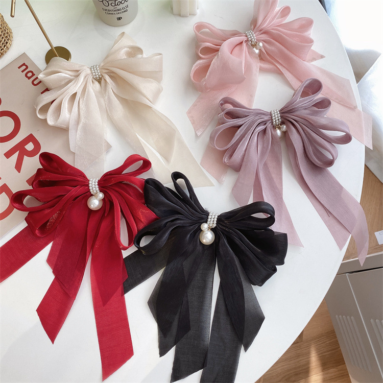 50g Weight Sweet Bow Knot Cloth Organza Inlay Artificial Pearls Hair Clip 1 Piece