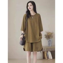 夏季大码女装运动休闲短裤套装一整套简约纯色潮流时尚韩版套装女