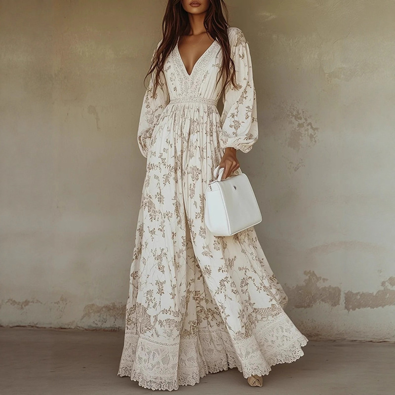 2026 New Amazon Foreign Trade Gentle Style Beige Floral V-Neck Lantern Sleeve Lace Vacation Long Dress
