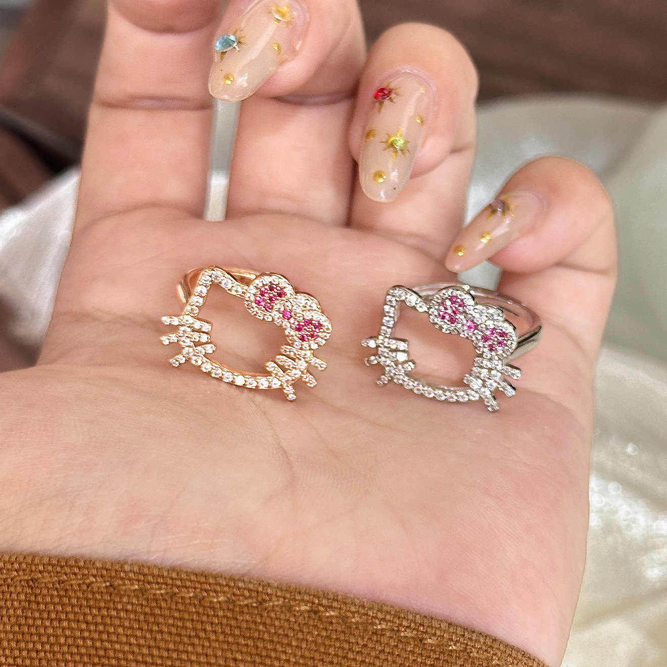 Xiaohongshu's Popular New Cartoon Kitty Cat Diamond Ring Girl's Cute Index Finger Ring Ring Delivery