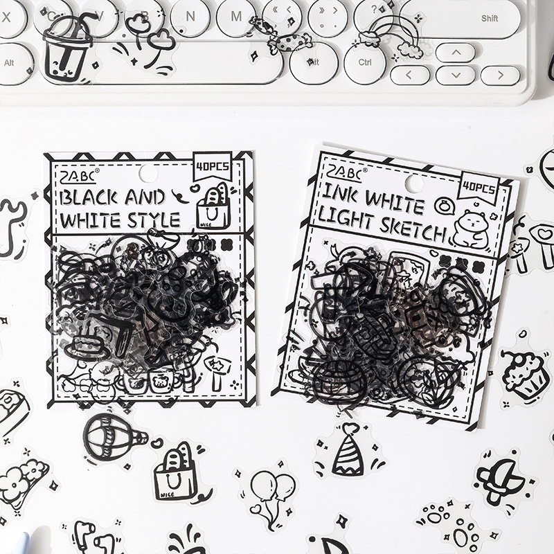 Paquete de pegatinas de pet transparente impermeable de pintura simple en blanco y negro, pegatinas de diario de cuentas de bricolaje, elementos en blanco y negro, papel de vida de dibujos animados