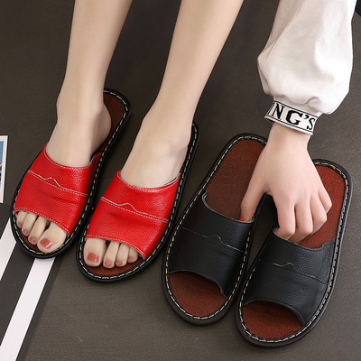 海宁真皮拖鞋夏季女家居家情侣室内防滑防水厚底静音地板男凉拖鞋|ru