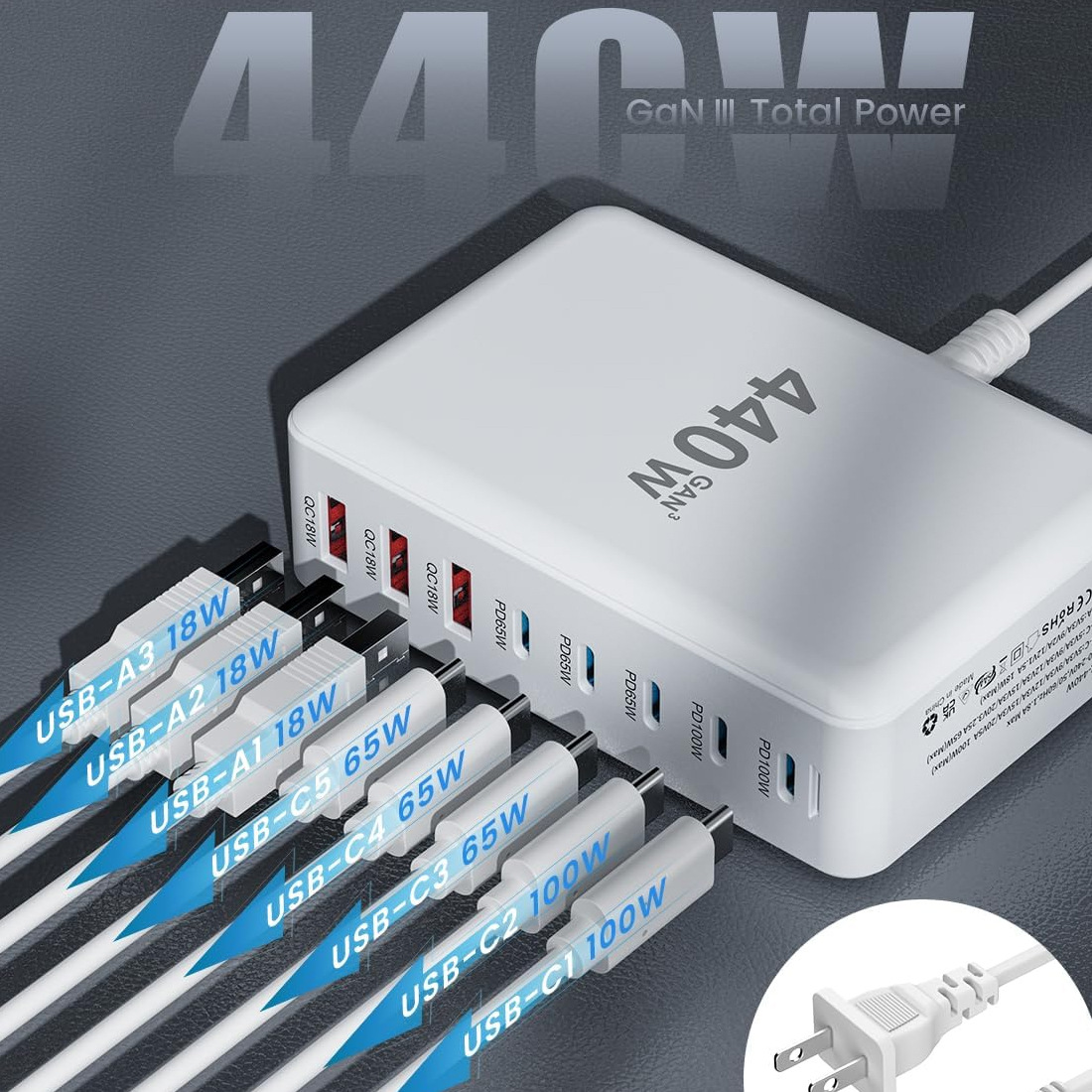 新款440W氮化镓PD充电器 6C2A多功充8口桌面充电器跨境爆品桌面充