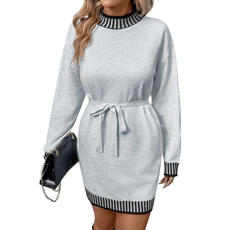 Women’s Striped Knit Sweater Dress – Casual Long Sleeve Mock Neck Tunic (Contrast Color Block, A-Line Fit, Soft Polyester Blend)_voghion.com