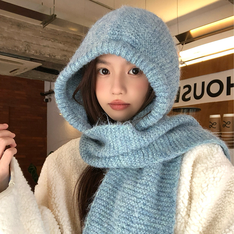 韩系蓝色针织帽子围巾一体女冬季护耳帽保暖毛线帽冬巴拉克拉法帽|undefined