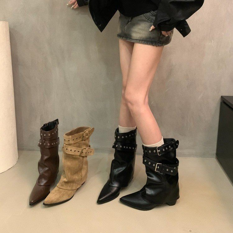 2025新品美式辣妹铆钉裤腿增高尖头短靴女秋冬新款西部牛仔靴|undefined