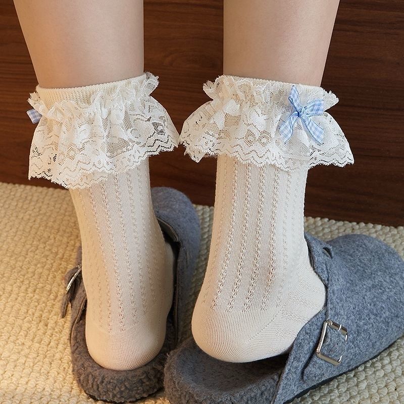 秋季日系芭蕾miu系洛丽塔堆堆袜氛围感少女蝴蝶结蕾丝中筒袜子女