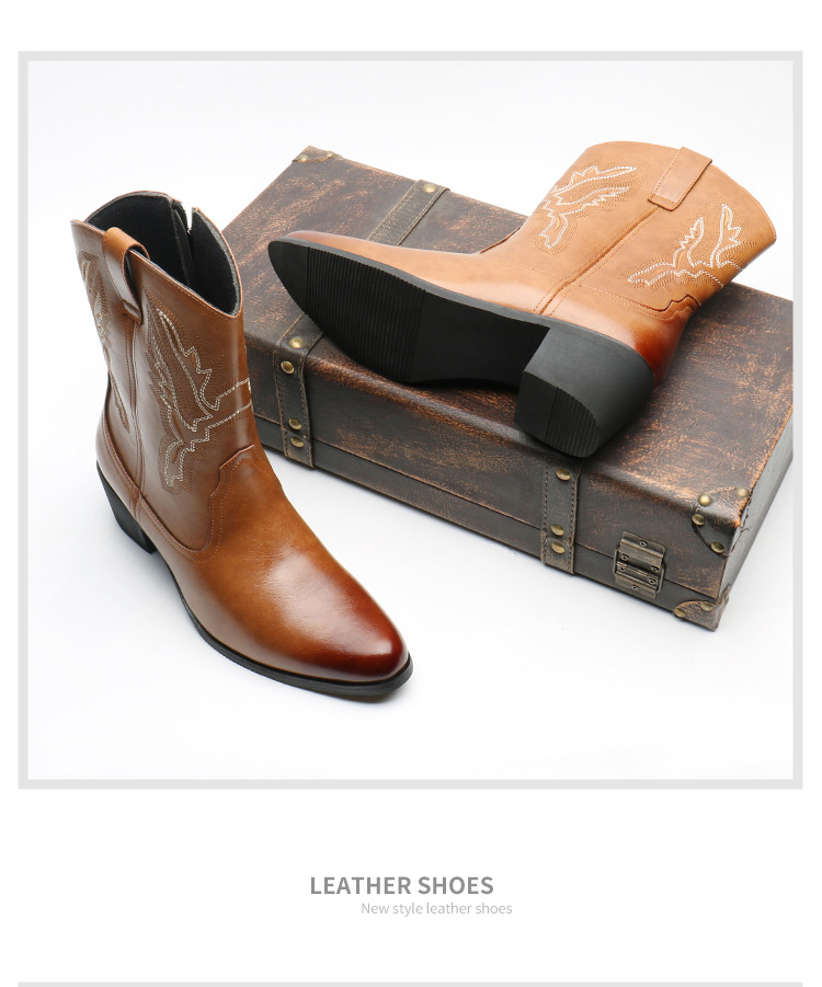 Western cowboy boots Hipster men's shoes Workwear Stylish retro zip boots_vogvips.com