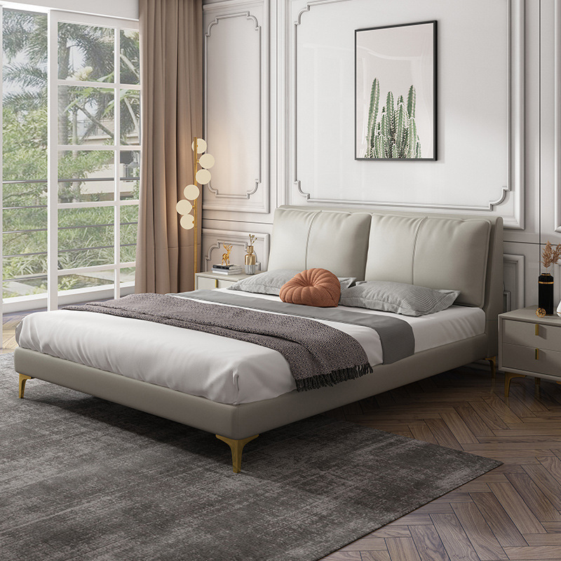 Leather Bed, Accessible Luxury Modern Master Bedroom Bed, Small Apartment Scandinavian Simple 1.8m Solid Wood Double Bed, Soft-Covered Wedding Bed