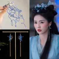 Древний стиль династии Хань, белый олень, тот же стиль, Linjiangxian Li Qingyue, аксессуары для волос, заколка для волос, синяя корона для волос, аксессуары для волос, длинные серьги с кисточками для женщин
