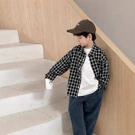 男童长袖衬衫2024新款中大童炸街薄款衬衣格子儿童春秋款酷帅外套