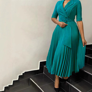 D3291 foreign trade women's clothing 2024 autumn and winter new OL fashion suit collar pleated waist plus size African dress