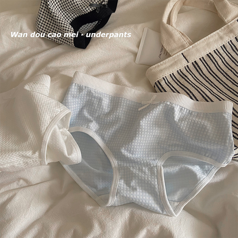 Jane Daini ~ Simple Plaid Panties Breathable and Comfortable Pure Middle Waist Girls Cute Fresh Briefs