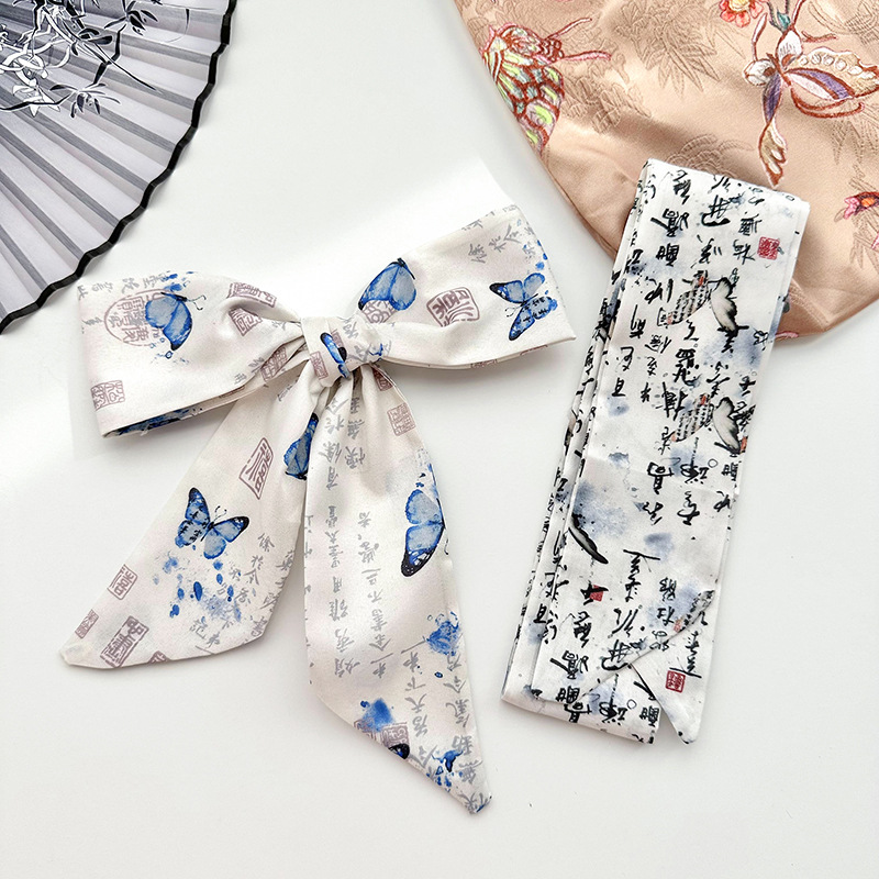 Las chicas del nuevo temperamento chino pinturas de tinta de flores y pájaros caligrafía cinta de cabello cuerda de cabello cabeza de cola de caballo bufandas de seda multipropósito