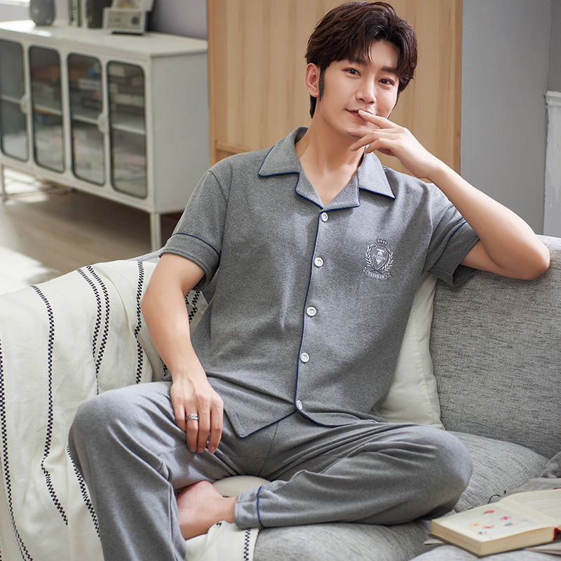 Pijamas de hombre ropa de verano 100% algodón pantalones de manga corta chaqueta juvenil traje de homewear delgado de mediana edad