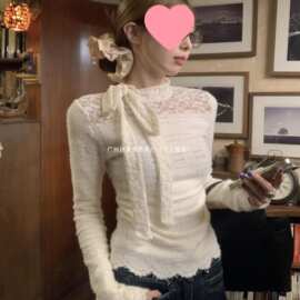 蕾丝钩花半高领长袖针织衫女装春节小众蝴蝶结绑带打底衫内搭衣