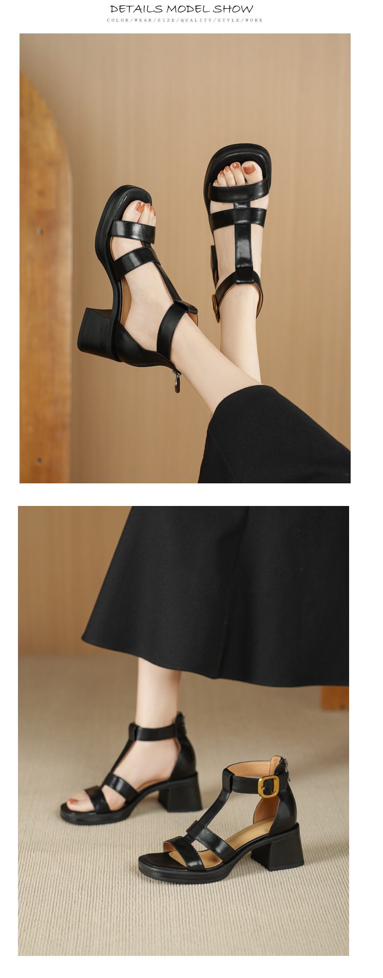 Sandal nữ cao gót 6 cm mũi hở quai chữ T khóa hậu — nâu chi tiết 7