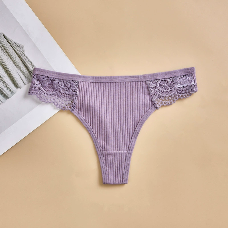 Women's Underwear Cotton Lace Thong, Ribbed Low‑Rise Style, Sizes S–XXL