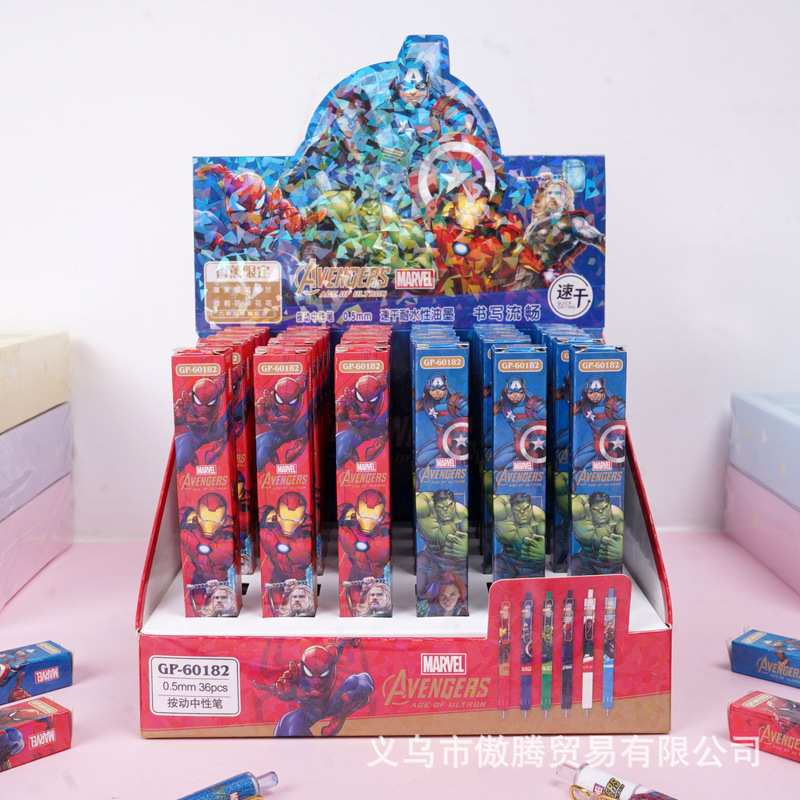 Popular Foreign Trade Marvel Blind Box Retractable Pens, High-Value Cartoon Spider-Man and Iron Man Merchandise, Gel Pens, Signature Pens