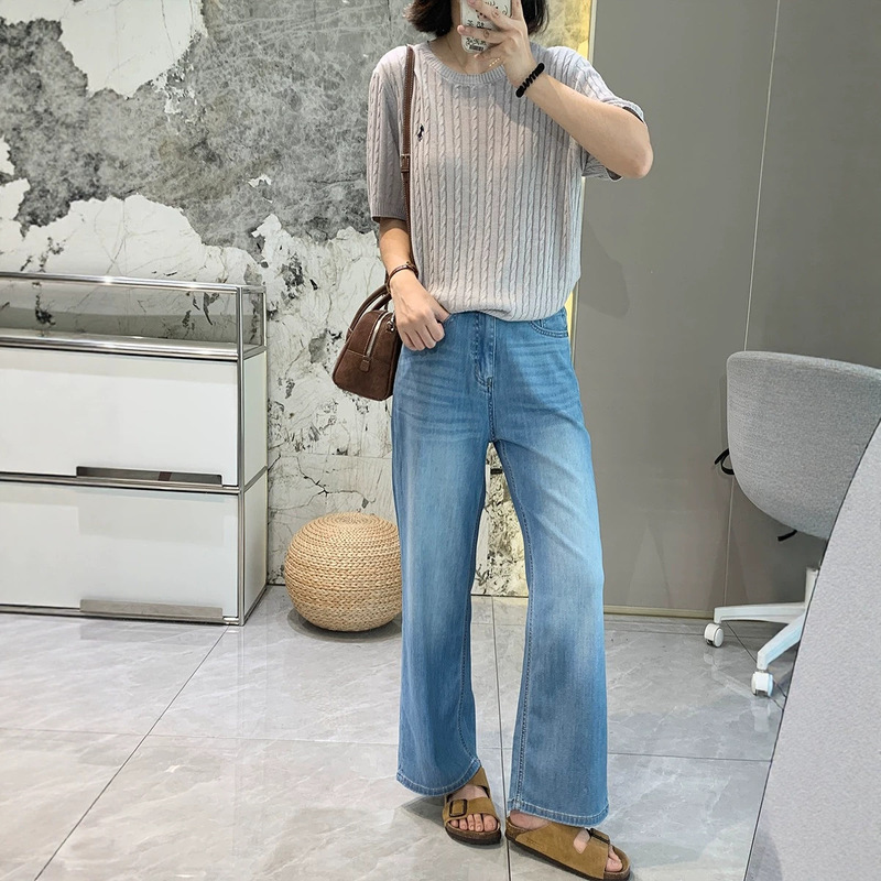 Ice Silk! Double-Length Straight-Leg Jeans for Women, Ultra-Thin and Cool, Light Blue, Slimming Wide-Leg Pants for Summer