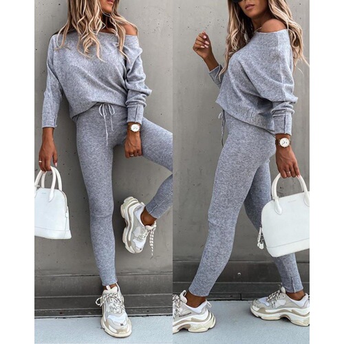 Europe and America hot sale pure color fashionable casual lacing one-word oblique shoulder sports pants long suit for women