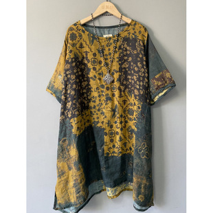 In-Stock Linen Thin Round Neck Pullover Dress for Women, Summer Loose Plus Size Vintage Artistic Floral A-Line Midi Dress