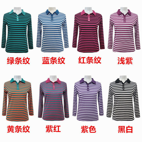 Middle-aged and elderly women's lapel tops casual mother's clothing spring and autumn striped T-shirt women's long-sleeved T-shirt base shirt