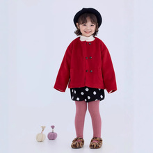儿童年货红色毛呢外套2025冬装新款韩版女童双排扣圆领短大衣