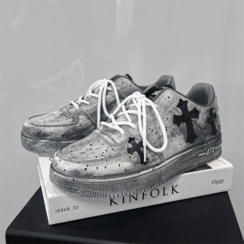 Японские ретро низкоуровневы повседневные туфли нишевые дизайн кресты толстые подошвы старые грязные туфли